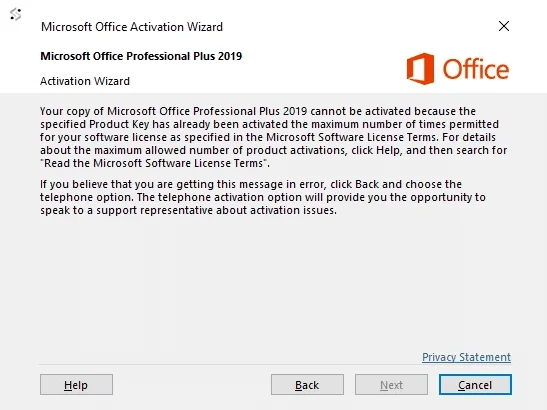 Microsoft Office Activation Wizard showing the maximum activation attempts reached message.