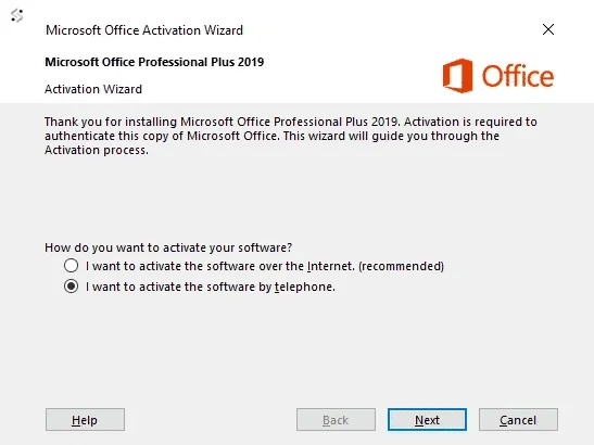 Microsoft Office Activation Wizard showing telephone activation option selection.
