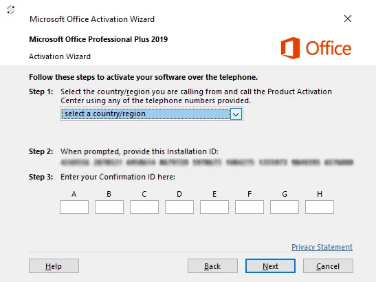 Microsoft Office Activation Wizard showing Installation ID and Confirmation ID entry fields.